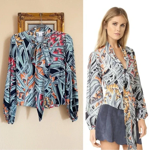 REVOLVE MARA HOFFMAN Black Green Red Tropical Print Tie Neck Deep V Blouse Top - Picture 3 of 15